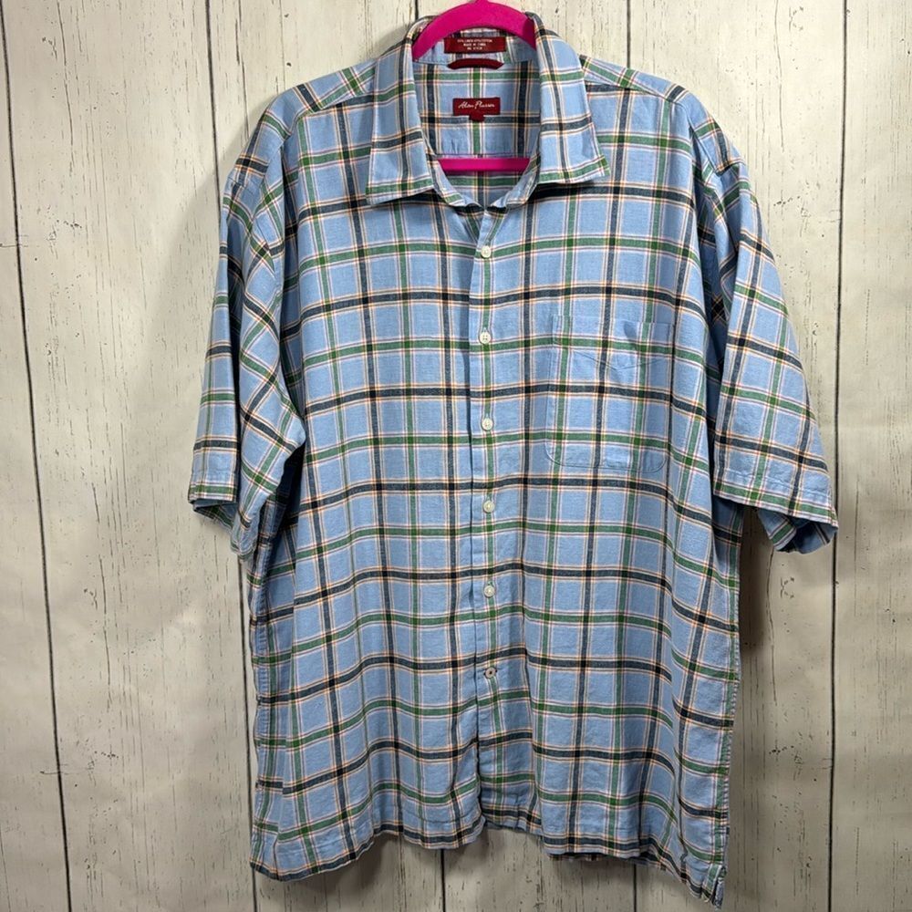 Alan Flusser Mens Linen Blend Plaid Short Sleeve Chest Pocket Blue Green Shirt